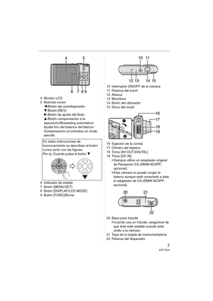 Page 77VQT1E24
4 Monitor LCD
5 Botones cursor
2/Botón del autodisparador
4/Botón [REV]
1/Botón de ajuste del flash
3/Botón compensación a la 
exposición/Bracketing automático/
Ajuste fino del balance del blanco/
Compensación al contraluz en modo 
sencillo
6 Indicador de estado
7 Botón [MENU/SET]
8 Botón [DISPLAY/LCD MODE]
9 Botón [FUNC]/Borrar10 Interruptor ON/OFF de la cámara
11 Palanca del zoom
12 Altavoz
13 Micrófono
14 Botón del obturador
15 Disco del modo
16 Sujeción de la correa
17 Cilindro del objetivo...