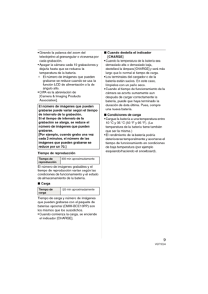 Page 99VQT1E24
 Girando la palanca del zoom del 
teleobjetivo al granangular o viceversa por 
cada grabación.
 Apagar la cámara cada 10 grabaciones y 
dejarla hasta que se reduzca la 
temperatura de la batería.
¢El número de imágenes que pueden 
grabarse se reduce cuando se usa la 
función LCD de alimentación o la de 
ángulo alto.
 CIPA es la abreviación de 
[Camera & Imaging Products 
Association].
Tiempo de reproducción
El número de imágenes grabables y el 
tiempo de reproducción varían según las...