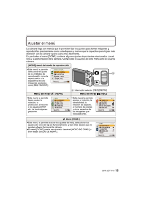 Page 1515(SPA) VQT1P10
Ajustar el menú
La cámara llega con menús que le permiten fijar los ajustes para tomar imágenes y 
reproducirlas precisamente como usted quiere y menús que le capacitan para lograr más 
diversión con la cámara y para usarla más fácilmente.
En particular el menú [CONF.] contiene algunos ajustes importantes relacionados con el 
reloj y la alimentación de la cámara. Compruebe los ajustes de este menú ante de usar la 
cámara.
[MODE] menú del modo de reproducción
AInterruptor selector...