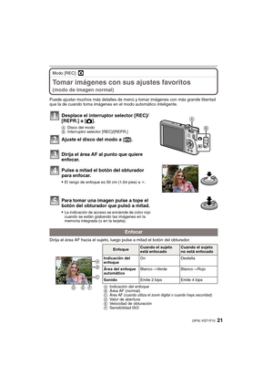 Page 2121(SPA) VQT1P10
Modo [REC]: ·
Tomar imágenes con sus ajustes favoritos 
(modo de imagen normal)
Puede ajustar muchos más detalles de menú y tomar imágenes con más grande libertad 
que la de cuando toma imágenes en el modo automático inteligente.
Dirija el área AF hacia el sujeto, luego pulse a mitad el botón del obturador.
Desplace el interruptor selector [REC]/
[REPR.] a [!].
ADisco del modo
BInterruptor selector [REC]/[REPR.]
Ajuste el disco del modo a  [·].
Dirija el área AF al punto que quiere...