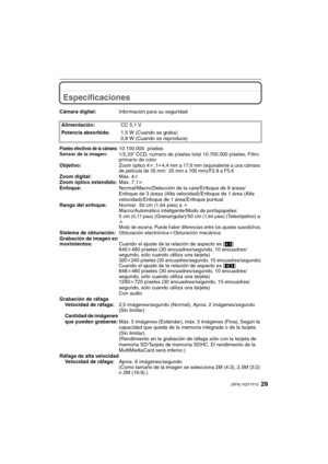 Page 2929(SPA) VQT1P10
Especificaciones
Cámara digital:Información para su seguridad
Alimentación:CC 5,1 V
Potencia absorbida:1,5 W (Cuando se graba)
0,8 W (Cuando se reproduce)
Píxeles efectivos de la cámara:10.100.000  píxelesSensor de la imagen:1/2,33q CCD, número de píxeles total 10.700.000 píxeles, Filtro 
primario de color
Objetivo:Zoom óptico 4k, fl4,4 mm a 17,6 mm (equivalente a una cámara 
de película de 35 mm: 25 mm a 100 mm)/F2.8 a F5.6
Zoom digital:Máx. 4k
Zoom óptico extendido:Máx. 7,1k...