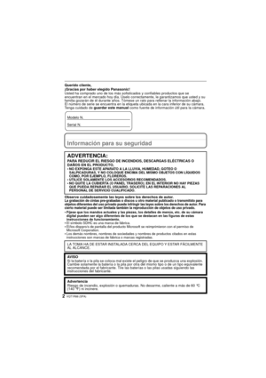 Page 2VQT1R88 (SPA)2
Querido cliente,
¡Gracias por haber elegido Panasonic! 
Usted ha comprado uno de los más sofisticados y confiables productos que se 
encuentran en el mercado hoy día. Úselo correc tamente, le garantizamos que usted y su 
familia gozarán de él durante años. Tómese un rato para rellenar la información abajo.
El número de serie se encuentra en la etiqueta ubicada en la cara inferior de su cámara. 
Tenga cuidado de  guardar este manual  como fuente de información útil para la cámara....