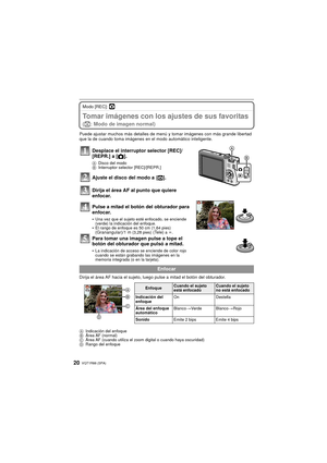 Page 20VQT1R88 (SPA)20
Modo [REC]: ·
Tomar imágenes con los ajustes de sus favoritas 
(·: Modo de imagen normal)
Puede ajustar muchos más detalles de menú y tomar imágenes con más grande libertad 
que la de cuando toma imágenes en el modo automático inteligente.
Dirija el área AF hacia el sujeto, luego pulse a mitad el botón del obturador.
AIndicación del enfoque
B Área AF (normal)
C Área AF (cuando utiliza el zoom digital o cuando haya oscuridad)
D Rango del enfoque
Desplace el interruptor selector [REC]/...