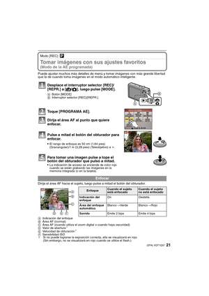 Page 2121(SPA) VQT1Q37
Modo [REC]: ³
Tomar imágenes con sus ajustes favoritos 
(Modo de la AE programada)
Puede ajustar muchos más detalles de menú y tomar imágenes con más grande libertad 
que la de cuando toma imágenes en el modo automático inteligente.
Dirija el área AF hacia el sujeto, luego pulse a mitad el botón del obturador.
AIndicación del enfoque
BÁrea AF (normal)
CÁrea AF (cuando utiliza el zoom digital o cuando haya oscuridad)
DValor de abertura
¢
EVelocidad de obturación¢
FSensibilidad ISO
¢Si no...