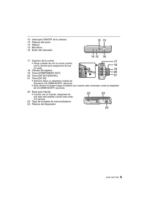 Page 99(SPA) VQT1Q37
12 Interruptor ON/OFF de la cámara
13 Palanca del zoom
14 Altavoz
15 Micrófono
16 Botón del obturador
17 Sujeción de la correa

Tenga cuidado de unir la correa cuando 
usa la cámara para asegurarse de que 
no caiga.
18 Cilindro del objetivo
19 Toma [COMPONENT OUT]
20 Toma [AV OUT/DIGITAL]
21 Toma [DC IN]

Siempre utilice un adaptador original de 
Panasonic CA (DMW-AC5PP; opcional).
Esta cámara no puede cargar la batería aun cuando esté conectado a ésta el adaptador 
de CA (DMW-AC5PP;...