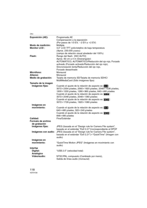 Page 118Otro
118VQT0Y28
Exposición (AE):Programada AE
Compensación a la exposición 
(Por pasos de 1/3 EV, j2EV a i2EV)
Modo de medición:Múltiple
Monitor LCD :3,0q LCD TFT policristalino de baja temperatura
(Aprox. 230.000
píxeles) 
(campo de relación visual alrededor del 100%)
Flash:Rango del flash: [ISO AUTO]
Aprox. 60 cm a 4 m (Granangular) 
AUTOMÁTICO, AUTOMÁTICO/Reducción del ojo rojo, Forzado 
activado (Forzado activado/Reducción del ojo rojo), 
Sincronización lenta/Reducción del ojo rojo, 
Forzado...
