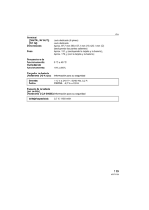 Page 119Otro
119VQT0Y28
Terminal
[DIGITAL/AV OUT]:Jack dedicado (8 pines)
[DC IN]:Jack dedicado
Dimensiones:Aprox. 97,7 mm (W)k57,1 mm (H)k25,1 mm (D)
(excluyendo las partes salientes)
Peso:Aprox. 151g (excluyendo la tarjeta y la batería),
Aprox. 179g (con la tarjeta y la batería)
Temperatura de 
funcionamiento:0oC a 40oC
Humedad de 
funcionamiento:10% a 80%
Cargador de batería
(Panasonic DE-A12A):Información para su seguridad
Paquete de la batería 
(Ion de litio)
(Panasonic CGA-S005E):Información para su...