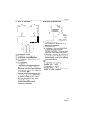 Page 35Avanzadas
35VQT0Y28
En modo de grabación
DVisualización normal
EVisualización con histograma
FVisualización fuera del encuadre
GSin visualización (Línea de guía de la 
grabación)
¢3
HSin visualización
¢1 Histograma
¢2 Cuando el número de imágenes que 
quedan es más de 1000 o el tiempo 
que queda en el modo de imágenes en 
movimiento es más de 1000 segundos, 
se visualiza [ ].
¢3 Ajuste el modelo de las líneas de guía 
visualizadas ajustando [LÍNEA GUÍA] 
en el menú [CONF.]. (P19) Cuando 
aparecen las...