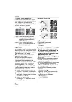 Page 36Avanzadas
36VQT0Y28
∫Línea de guía de la grabación
Cuando alinea el sujeto con las líneas de guía 
horizontal y vertical o el punto de cruce de estas 
líneas, puede tomar imágenes con una 
composición bien diseñada viendo el tamaño, la 
inclinación y el equilibrio del sujeto.
A[]: Éste se utiliza cuando divide la 
entera pantalla en 3k3 para tomar 
imágenes con una composición 
bien equilibrada.
B[]: Éste se utiliza cuando quiere 
colocar el sujeto exactamente en 
el centro de la pantalla.
∫Histograma
...