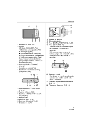 Page 9Preparación
9VQT0Y28
4 Monitor LCD (P34, 101)
5Joystick
/Botón [MENU/SET] (P18)
2/Botón del autodisparador (P42)
4/Botón [REV] (P31)
1/Botón de ajuste del flash (P38)
3/Botón compensación a la exposición 
(P43)/Bracketing automático (P44)/
Ajuste fino del balance del blanco 
(P72)/Compensación al contraluz en 
modo sencillo (P27) 
6 Botón [DISPLAY/LCD MODE]
(P34, 37)
7 Indicador de estado (P12)
8 Botón de modo único o de ráfaga 
(P46)/Borrar (P33)
9 Interruptor ON/OFF de la cámara 
(P10, 17)
10 Palanca...