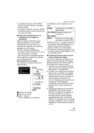 Page 93Conexión a otro equipo
93VQT0Y28
• La unidad se visualiza como [LUMIX] 
cuando conecte la cámara con ninguna 
tarjeta insertada.
 La unidad se visualiza como [NO_NAME] 
o [Untitled] cuando conecte la cámara con 
una tarjeta insertada.
∫Acerca de la reproducción en un 
ordenador de una imagen en 
movimiento
Utilice el software “QuickTime” (para 
Windows 2000/XP) en el CD-ROM 
(suministrado) para reproducir en un 
ordenador las imágenes en movimiento 
grabadas con esta cámara.
 Si utiliza “Windows...