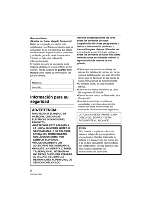 Page 22VQT1J60 (SPA)
Querido cliente,
¡Gracias por haber elegido Panasonic! 
Usted ha comprado uno de los más 
sofisticados y confiables productos que se 
encuentran en el mercado hoy día. Úselo 
correctamente, le garantizamos que usted  
y su familia gozarán de él durante años. 
Tómese un rato para rellenar la 
información abajo.
El número de serie se encuentra en la 
etiqueta ubicada en la cara inferior de su 
cámara. Tenga cuidado de guardar este 
manual como fuente de información útil 
para la cámara....