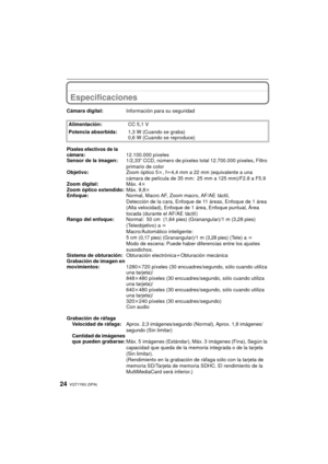 Page 24VQT1Y63 (SPA)24
Especificaciones
Cámara digital:Información para su seguridad
Alimentación: CC 5,1 V
Potencia absorbida: 1,3 W (Cuando se graba)
0,6 W (Cuando se reproduce)
Píxeles efectivos de la 
cámara:12.100.000 píxeles
Sensor de la imagen: 1/2,33q CCD, número de píxeles total 12.700.000 píxeles, Filtro 
primario de color
Objetivo: Zoom óptico 5k, fl 4,4 mm a 22 mm (equivalente a una 
cámara de película de 35 mm: 25 mm a 125 mm)/F2.8 a F5.9
Zoom digital: Máx. 4k
Zoom óptico extendido: Máx. 9,8k...
