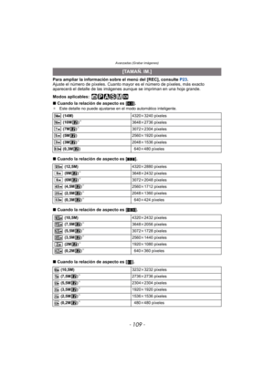 Page 109Avanzadas (Grabar imágenes)
- 109 -
Para ampliar la información sobre el menú del [REC], consulte P23.
Ajuste el número de píxeles. Cuanto mayor es el número de píxeles, más exacto 
aparecerá el detalle de las imágenes  aunque se impriman en una hoja grande.
Modos aplicables:
 
∫ Cuando la relación de aspecto es [ X].¢ Este detalle no puede ajustarse en el modo automático inteligente.
∫Cuando la relación de aspecto es [ Y].
∫ Cuando la relación de aspecto es [ W].
∫ Cuando la relación de aspecto es [ ]....
