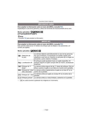 Page 116- 116 -
Avanzadas (Grabar imágenes)
Para ampliar la información sobre el menú del [REC], consulte P23.
Especifique la cara de la persona y utilice las funciones de reconocimiento de la cara.
Modos aplicables: 
[OFF]/[ON]/[MEMORY]/[SET]
Nota
•
Consulte  P96 para ampliar la información.
Para ampliar la información sobre el menú del [REC], consulte  P23.
Esto permite seleccionar el método de enfoque que se adapta a las posiciones y al 
número de sujetos.
Modos aplicables: 
¢ [Ø] se usará durante la...