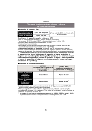 Page 14- 14 -
Preparación
∫Grabación de imágenes fijas
Condiciones de grabación para los estándares CIPA
•
CIPA es la abreviatura de [Camera & Imaging Products Association].•Temperatura: 23 oC/Humedad: 50%RH cuando está activado el monitor LCD.•Uso de la tarjeta de memoria SD de Panasonic (32 MB).•Uso de la batería suministrada.•La grabación inicia 30 segundos después de activar la cámara. (Cuando la función del 
estabilizador óptico de la ima gen está ajustada en [AUTO].)
•Grabando una vez cada 30 segundos ,...