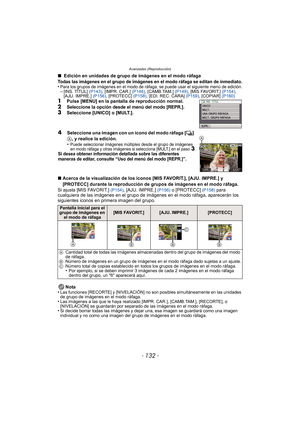 Page 132- 132 -
Avanzadas (Reproducción)
∫ Edición en unidades de grupo de imágenes en el modo ráfaga
Todas las imágenes en el grupo de imágenes en el modo ráfaga se editan de inmediato.•Para los grupos de imágenes en el modo de ráfaga, se puede usar el siguiente menú de edición.–[INS. TÍTUL]  (P143), [IMPR. CAR.]  (P146), [CAMB.TAM.]  (P149), [MIS FAVORIT.]  (P154), 
[AJU. IMPRE.]  (P156), [PROTECC]  (P158), [EDI. REC. CARA]  (P159), [COPIAR]  (P160)
1Pulse [MENU] en la pantalla de reproducción...