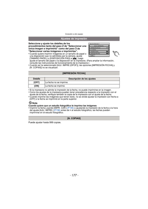 Page 177Conexión a otro equipo
- 177 -
Seleccione y ajuste los detalles de los 
procedimientos tanto del paso 2 de “Seleccionar una 
única imagen e imprimirla” como del paso 3 de 
“Seleccionar varias imágenes e imprimirlas”.
•
Cuando quiere imprimir imágenes en un tamaño de papel o 
una disposición que no admitidos por la cámara, ajuste 
[TAMAÑO PAPEL] o [DISPOSICIÓN PÁG] a [
{], luego 
ajuste el tamaño del papel o la disposición en la impresora. (Para ampliar la información, 
consulte las instrucciones de...