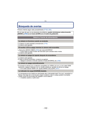 Page 192- 192 -
Otro
Búsqueda de averías
Primero intente seguir este procedimiento (P192–200) .
•
La batería no está insertada correctamente.  (P16)•La batería está agotada.
•¿Está activo [MODO HIBER.] (P28) del modo [AHORRO]?
> Pulse hasta la mitad el botón del obturador para cancelar estos modos.
•La batería está agotada.
•La batería está agotada.•Si deja la cámara encendida, la batería se agotará.
> Apague la cámara a menudo usando el modo [AHORRO], etc.  (P28)
•Si conecta la cámara con un televisor...