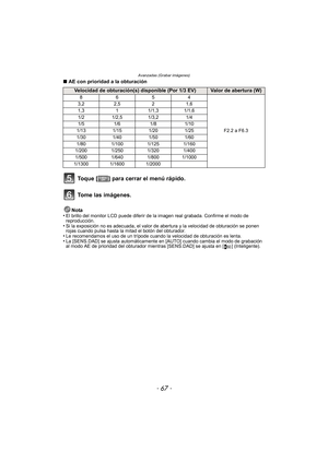 Page 67Avanzadas (Grabar imágenes)
- 67 -
∫AE con prioridad a la obturación
Nota
•
El brillo del monitor LCD puede diferir de la  imagen real grabada. Confirme el modo de 
reproducción.
•Si la exposición no es adecuada, el valor de abertura y la velocidad de obturación se ponen 
rojas cuando pulsa hasta la mitad el botón del obturador.
•Le recomendamos el uso de un trípode cuando la velocidad de obturación es lenta.•La [SENS.DAD] se ajusta automáticamente en [AUTO] cuando cambia el modo de grabación 
al modo AE...