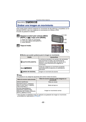 Page 88- 88 -
Avanzadas (Grabar imágenes)
Modo [REC]: 
Avanzadas (Grabar imágenes)Grabar una imagen en movimiento
Esto puede grabar enteras imágenes en movimiento de alta definición compatibles con el 
formato AVCHD o bien las imágenes en movimiento en el Motion JPEG.
El audio se grabará en estéreo.Nota
•
Se grabará en las categorías siguientes para ciertos modos de escena.
• Para aquellas no detalladas arriba se realizará una grabación de imagen en movimiento 
armonizada con cada escena.  (P76 a 87)
Desplace...