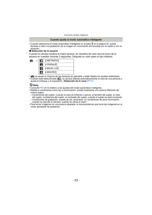 Page 92- 92 -
Avanzadas (Grabar imágenes)
•Cuando selecciona el modo Automático Inteligente en el paso 2 en la página 88, puede 
llevarse a cabo una grabación de la imagen en movimiento armonizada con el sujeto o con la 
situación.
∫ Detección de la escena
Cuando la cámara localiza la mejor escena, se visualiza de color azul el icono de la 
escena en cuestión durante 2 segundos. Después su color pasa al rojo habitual.
•
[¦] se ajusta si ninguna de las escenas es aplicable y están fijados los ajustes...
