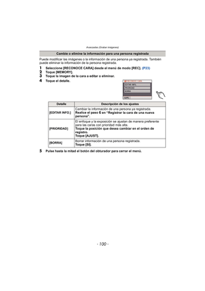 Page 100- 100 -
Avanzadas (Grabar imágenes)
Puede modificar las imágenes o la información de una persona ya registrada. También 
puede eliminar la información de la persona registrada.
1Seleccione [RECONOCE CARA] desde el menú de modo [REC].  (P23)2Toque [MEMORY].3Toque la imagen de la cara a editar o eliminar.
4Toque el detalle.
5Pulse hasta la mitad el botón del obturador para cerrar el menú.
Cambie o elimine la información para una persona registrada
DetalleDescripción de los ajustes
[EDITAR INFO.]
Cambiar la...