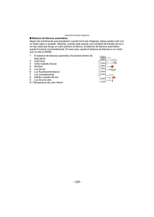 Page 109- 109 -
Avanzadas (Grabar imágenes)
∫Balance de blancos automático
Según las condiciones que prevalecen cuando toma las imágenes, éstas pueden salir con 
un matiz rojizo o azulado. Además, cuando está usando una variedad de fuentes de luz o 
no hay nada que tenga un color próximo al blanco, el balance de blancos automático 
puede funcionar incorrectamente. En ese caso, ajuste el balance de blancos a un modo 
que no sea el [AWB].
1 El balance de blancos automático funcionará dentro de  esta gama
2 Cielo...