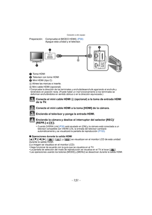 Page 151- 151 -
Conexión a otro equipo
∫Operaciones durante la salida HDMI
[ 3]/[ 4]/[2]/[1], [ ], [ ], y [ ] se visualizan en el monitor LCD de esta unidad 
durante la salida HDMI.
(La imagen se visualiza en el monitor LCD)
•
Haga funcionar de acuerdo con la guía que se visualiza en el TV.•La pantalla de selección del modo de reproducción se visualiza en el TV al tocar [ ].•Las operaciones usando los botones [MODE] y [MENU] se desactivan durante la salida HDMI.
Preparación: Compruebe el [MODO HDMI].  (P30)...