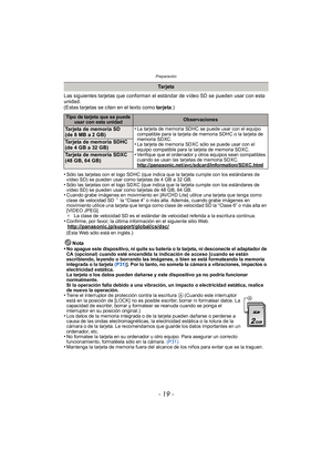 Page 19- 19 -
Preparación
Las siguientes tarjetas que conforman el estándar de vídeo SD se pueden usar con esta 
unidad.
(Estas tarjetas se citan en el texto como tarjeta.)
•
Sólo las tarjetas con el logo SDHC (que indica que la tarjeta cumple con los estándares de 
vídeo SD) se pueden usar como tarjetas de 4 GB a 32 GB.
•Sólo las tarjetas con el logo SDXC (que indica que la tarjeta cumple con los estándares de 
vídeo SD) se pueden usar como tarjetas de 48 GB, 64 GB.
•Cuando grabe imágenes en movimiento en...