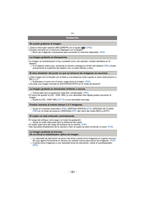 Page 181- 181 -
Otro
•¿Está el interruptor selector [REC]/[REPR.] en el ajuste [!]? (P22)•¿Queda memoria en la memoria integrada o en la tarjeta?
> Borre las imágenes innecesarias para aumentar la memoria disponible.  (P52)
•La imagen se emblanquece si hay suciedad como, por ejemplo, huellas dactilares en el 
objetivo.
> Si el objetivo está sucio, encienda la cámara, extraiga el cilindro del objetivo  (P8) y limpie 
suavemente la superficie del objetivo con un paño blando y seco.
•¿Esta imagen se ha tomado con...