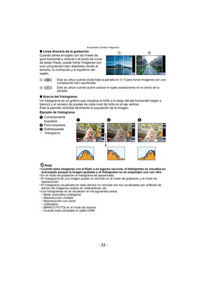 Page 55- 55 -
Avanzadas (Grabar imágenes)
∫Línea directriz de la grabación
Cuando alinea el sujeto con las líneas de 
guía horizontal y vertical o el punto de cruce 
de estas líneas, puede tomar imágenes con 
una composición bien diseñada viendo el 
tamaño, la inclinación y el equilibrio del 
sujeto.
∫ Acerca del histograma
Un histograma es un gráfico que visualiza el brillo a lo largo del eje horizontal (negro y 
blanco) y el número de píxeles de cada nivel de brillo en el eje vertical.
Éste le permite...