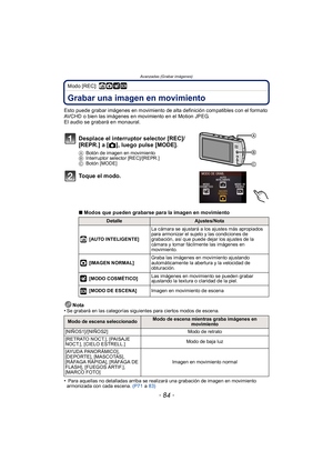 Page 84Avanzadas (Grabar imágenes)
- 84 -
Modo [REC]: ñ· ¿
Avanzadas (Grabar imágenes)Grabar una imagen en movimiento
Esto puede grabar imágenes en movimiento de alta definición compatibles con el formato 
AVCHD o bien las imágenes en movimiento en el Motion JPEG.
El audio se grabará en monaural.Nota
•
Se grabará en las categorías siguientes para ciertos modos de escena.
• Para aquellas no detalladas arriba se realizará una grabación de imagen en movimiento 
armonizada con cada escena.  (P71 a 83)
Desplace el...