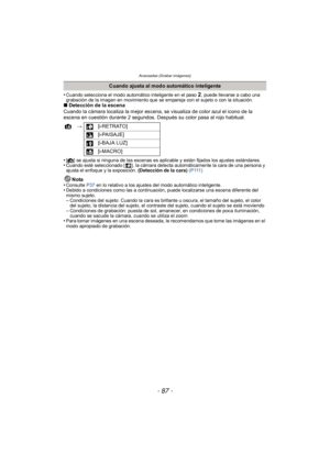 Page 87- 87 -
Avanzadas (Grabar imágenes)
•Cuando selecciona el modo automático inteligente en el paso 2, puede llevarse a cabo una 
grabación de la imagen en movimiento que se empareja con el sujeto o con la situación.
∫ Detección de la escena
Cuando la cámara localiza la mejor escena, se visualiza de color azul el icono de la 
escena en cuestión durante 2 segundos. Después su color pasa al rojo habitual.
•
[¦] se ajusta si ninguna de las escenas es aplicable y están fijados los ajustes estándares.•Cuando esté...