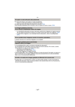 Page 147- 147 -
Otro
•El rango del enfoque varía según el modo de grabación.> Ajuste al modo adecuado para la distancia del sujeto.
•El sujeto está fuera del rango de enfoque de la cámara.  (P22)•Hay sacudida (trepidación) de la cámara o bien el sujeto se mueve un poco.  (P20)
> La velocidad de obturación se pone más lenta cuando toma imágenes en lugares oscuros. 
Así que agarre firmemente la cámara con ambas manos para tomar las imágenes.  (P20)
> Cuando toma imágenes a una velocidad lent a de obturación,...
