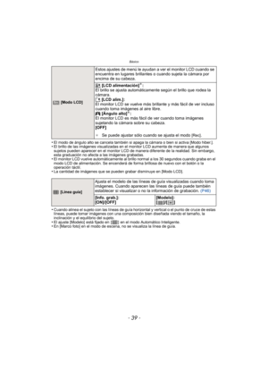 Page 39- 39 -
Básico
•El modo de ángulo alto se cancela también si apaga la cámara o bien si activa [Modo hiber.].•El brillo de las imágenes visualizadas en el monitor LCD aumenta de manera que algunos 
sujetos pueden aparecer en el monitor LCD de manera diferente de la realidad. Sin embargo, 
esta graduación no afecta a las imágenes grabadas.
•El monitor LCD vuelve automáticamente al brillo normal a los 30 segundos cuando graba en el 
modo LCD de alimentación. Se encenderá de forma brillosa de nuevo con el...