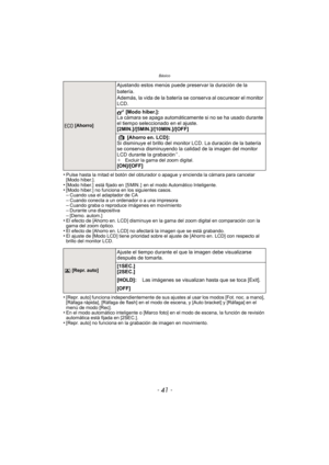 Page 41- 41 -
Básico
•Pulse hasta la mitad el botón del obturador o apague y encienda la cámara para cancelar 
[Modo hiber.].
•[Modo hiber.]  está fijado en  [5 MIN. ]  en el modo Automático Inteligente.•[Modo hiber.] no funciona en los siguientes casos.–Cuando usa el adaptador de CA–Cuando conecta a un ordenador o a una impresora–Cuando graba o reproduce imágenes en movimiento–Durante una diapositiva–[Demo. autom.]•El efecto de [Ahorro en. LCD] disminuye en la gama del zoom digital en comparación con la 
gama...