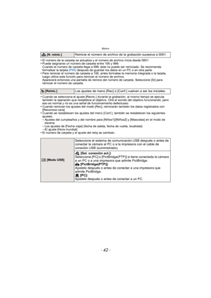 Page 42Básico
- 42 -
•El número de la carpeta se actualiza y el número de archivo inicia desde 0001.•Puede asignarse un número de carpeta entre 100 y 999.
Cuando el número de carpeta llega a 999, éste no puede ser reiniciado. Se recomienda 
formatear la tarjeta (P45) después de guardar los datos en un PC o en otra parte.
•Para reiniciar el número de carpeta a 100, antes formatee la memoria integrada o la tarjeta, 
luego utilice esta función para re iniciar el número de archivo.
Aparecerá entonces una pantalla...