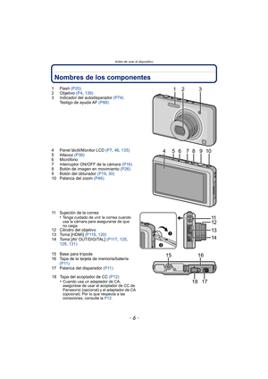 Page 6Antes de usar el dispositivo
- 6 -
Nombres de los componentes
1Flash (P20)
2 Objetivo  (P4, 139)
3 Indicador del autodisparador  (P74)
Testigo de ayuda AF  (P88)
4 Panel táctil/Monitor LCD  (P7, 46,  135)
5Altavoz  (P38)
6 Micrófono
7 Interruptor ON/OFF de la cámara  (P16)
8 Botón de imagen en movimiento  (P26)
9 Botón del obturador  (P19, 30)
10 Palanca del zoom (P49)
11 Sujeción de la correa •
Tenga cuidado de unir la correa cuando 
usa la cámara para asegurarse de que 
no caiga.
12 Cilindro del...