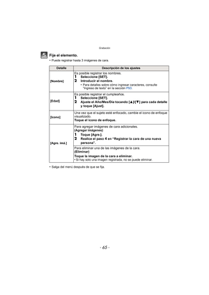 Page 65- 65 -
Grabación
Fije el elemento.
•Puede registrar hasta 3 imágenes de cara.
•Salga del menú después de que se fija.
DetalleDescripción de los ajustes
[Nombre]
Es posible registrar los nombres.1Seleccione [SET].
2Introducir el nombre.
•Para detalles sobre cómo ingresar caracteres, consulte “Ingreso de texto” en la sección  P93.
[Edad]
Es posible registrar el cumpleaños.1Seleccione [SET].2Ajuste el Año/Mes/Día tocando [ 3]/[4] para cada detalle 
y toque [Ajust].
[Icono]
Una vez que el sujeto esté...