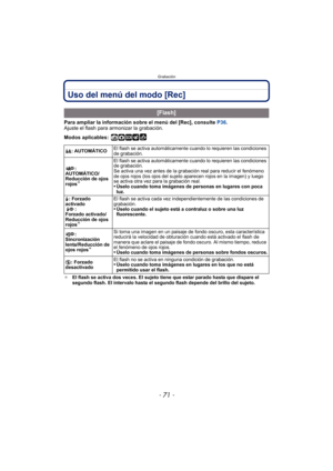 Page 71- 71 -
Grabación
Uso del menú del modo [Rec]
Para ampliar la información sobre el menú del [Rec], consulte P36.
Ajuste el flash para armonizar la grabación.
Modos aplicables:
 ñ·¿
¢ El flash se activa dos veces. El sujeto tiene que estar parado hasta que dispare el 
segundo flash. El intervalo hasta el segundo flash depende del brillo del sujeto.
[Flash]
‡: AUTOMÁTICO El flash se activa automáticamente cuando lo requieren las condiciones 
de grabación.
:
AUTOMÁTICO/
Reducción de ojos 
rojos
¢
El flash se...