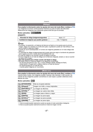 Page 87- 87 -
Grabación
Para ampliar la información sobre los ajustes del menú del modo [Rec], remítase a P36.Las imágenes se toman continuamente mientras se pulsa el botón del obturador.
Seleccione las imágenes que realmente quiere entre las que ha tomado.
Modos aplicables:
 ñ·¿
[ON]/[OFF]Nota
•
El enfoque, la exposición y el balance de blancos se fijarán en los ajustes para la primera 
imagen. Según los cambios en el brillo del sujeto, la grabación puede ser más brillosa o más 
oscura desde la segunda...