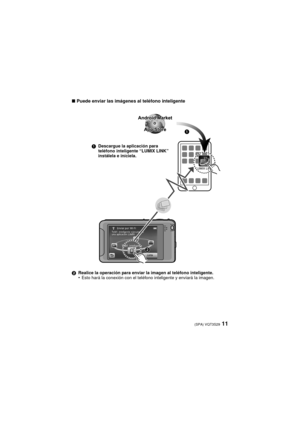Page 1111(SPA) VQT3S29
∫Puede enviar las imágenes al teléfono inteligente
2 Realice la operación para enviar la imagen al teléfono inteligente.•Esto hará la conexión con el teléfono inteligente y enviará la imagen.
1Descargue la aplicación para 
teléfono inteligente “LUMIX LINK” 
instálela e iníciela. o
DMC-FX90P-VQT3S29_lsp.book  11 ページ  ２０１１年８月２２日　月曜日　午後９時４２分 