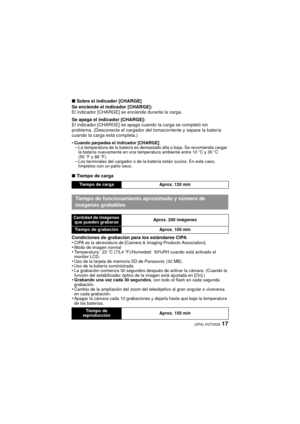 Page 1717(SPA) VQT3S29
∫Sobre el indicador [CHARGE]
Se enciende el indicador [CHARGE]:
El indicador [CHARGE] se enciende durante la carga.
Se apaga el indicador [CHARGE]:
El indicador [CHARGE] se apaga cuando la carga se completó sin 
problema. (Desconecte el cargador del  tomacorriente y separe la batería 
cuando la carga está completa.)
•
Cuando parpadea el indicador [CHARGE]–La temperatura de la batería es demasiado alta o baja. Se recomienda cargar 
la batería nuevamente en una temperatura ambiente entre 10...