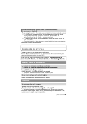 Page 2929(SPA) VQT3S29
Búsqueda de averías
Pruebe primero con el siguiente procedimiento.
•Revise “Búsqueda de averías” en las “Instrucciones de funcionamiento para 
características avanzadas (formato PDF)”.
•Se acabó la batería. Cargue la batería.•Si deja la cámara encendida, la batería se agotará. > Apague la cámara a menudo usando el [Ahorro], etc.
•Inserte completamente la batería de forma segura.
•¿Está el modo ajustado a modo [Rec]?•¿Queda memoria en la memoria integrada o en la tarjeta?
> Borre las...
