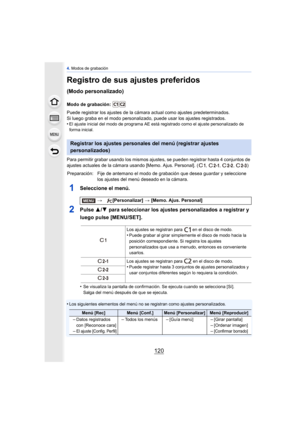 Page 1204. Modos de grabación
120
Registro de sus ajustes preferidos 
(Modo personalizado)
Modo de grabación: 
Puede registrar los ajustes de la cámara actual como ajustes predeterminados. 
Si luego graba en el modo personalizado,  puede usar los ajustes registrados.
•
El ajuste inicial del modo de programa AE es tá registrado como el ajuste personalizado de 
forma inicial.
Para permitir grabar usando los mismos ajuste s, se pueden registrar hasta 4 conjuntos de 
ajustes actuales de la cámara usando [Memo. Ajus....