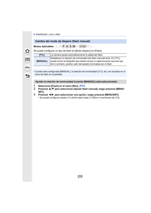 Page 2089. Estabilizador, zoom y flash
208
Modos Aplicables: 
Se puede configurar un tipo de flash en [Modo disparo] en [Flash].
•
Cuando está configurado [MANUAL], la relación de luminosidad ([1/1], etc.) se visualiza en el 
icono de flash en la pantalla.
1Seleccione [Flash] en el menú [Rec].  (P37)2Presione 3/4  para seleccionar [Ajuste flash manual], luego presione [MENU/
SET].
3Presione  2/1  para seleccionar una opción, luego presione [MENU/SET].
•Se puede configurar desde [1/1] (brillo total) hasta [1/128]...