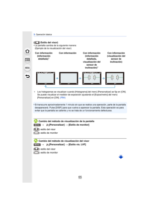 Page 6565
3. Operación básica
([ ] Estilo del visor)
•La pantalla cambia de la siguiente manera:
(Ejemplo de la visualización del visor)
¢ Los histogramas se visualizan cuando [Histograma] del menú [Personalizar] se fija en [ON].
Se puede visualizar el medidor de expo sición ajustando el [Exposímetro] del menú 
[Personalizar] en [ON].  (P84)
•Si transcurre aproximadamente 1 minuto sin que se realice una operación, parte de la pantalla 
desaparecerá. Pulse [DISP.] para que vuelva a aparecer la pantalla. Esta...