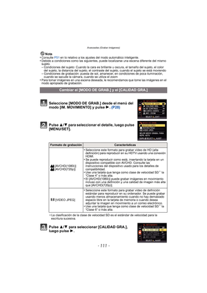 Page 111- 111 -
Avanzadas (Grabar imágenes)
Nota
•Consulte  P51 en lo relativo a los ajustes del modo automático inteligente.•Debido a condiciones como las siguientes, puede localizarse una escena diferente del mismo 
sujeto.
–Condiciones del sujeto: Cuando la cara es brillante u oscura, el tamaño del sujeto, el color 
del sujeto, la distancia del sujeto, el contraste del sujeto, cuando el sujeto se está moviendo
–Condiciones de grabación: puesta de sol, amanecer, en condiciones de poca iluminación, 
cuando se...