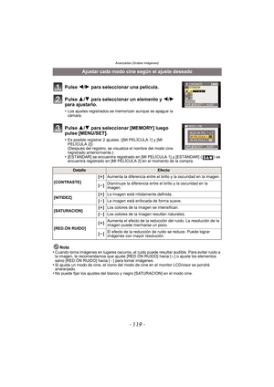 Page 119- 119 -
Avanzadas (Grabar imágenes)
Pulse 2/1 para seleccionar una película.
Pulse 3/ 4 para seleccionar un elemento y 2/ 1 
para ajustarlo.
•Los ajustes registrados se memorizan aunque se apague la 
cámara.
Pulse 3/ 4 para seleccionar [MEMORY] luego 
pulse [MENU/SET].
•Es posible registrar 2 ajustes. ([MI PELÍCULA 1] y [MI 
PELÍCULA 2])
(Después del registro, se visualiza el nombre del modo cine 
registrado anteriormente.)
•[ESTÁNDAR] se encuentra registrado en [MI PELÍCULA 1] y [ESTÁNDAR] ( ) se...